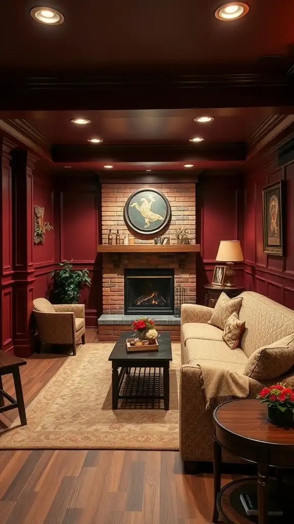 A cozy basement with rich burgundy walls, a fireplace, and comfortable seating.