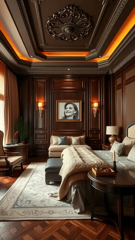 Master bedroom featuring rich chocolate brown walls and elegant decor.