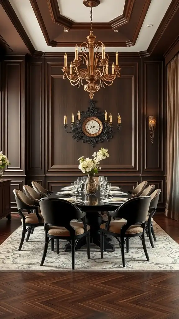 A luxurious dining room featuring rich chocolate brown walls, elegant chandelier, and a polished dining table set.