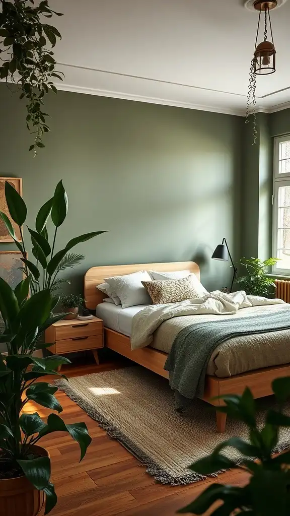 A cozy bedroom with rich olive walls, wooden furniture, and plants for a nature-inspired look.