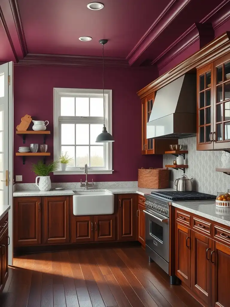 A kitchen with cherry cabinets and rich plum walls, creating a luxurious feel