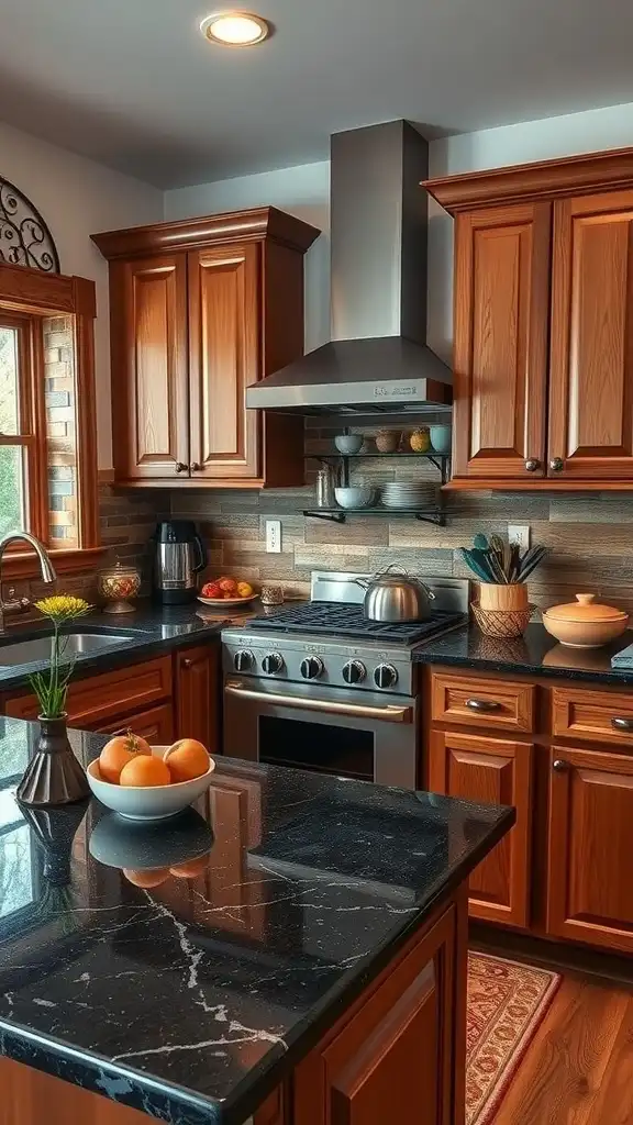 Cozy kitchen featuring black granite countertops and rustic brown cabinets