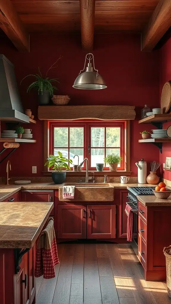 A cozy kitchen featuring rustic red walls and earthy tones, with wooden accents and plants.