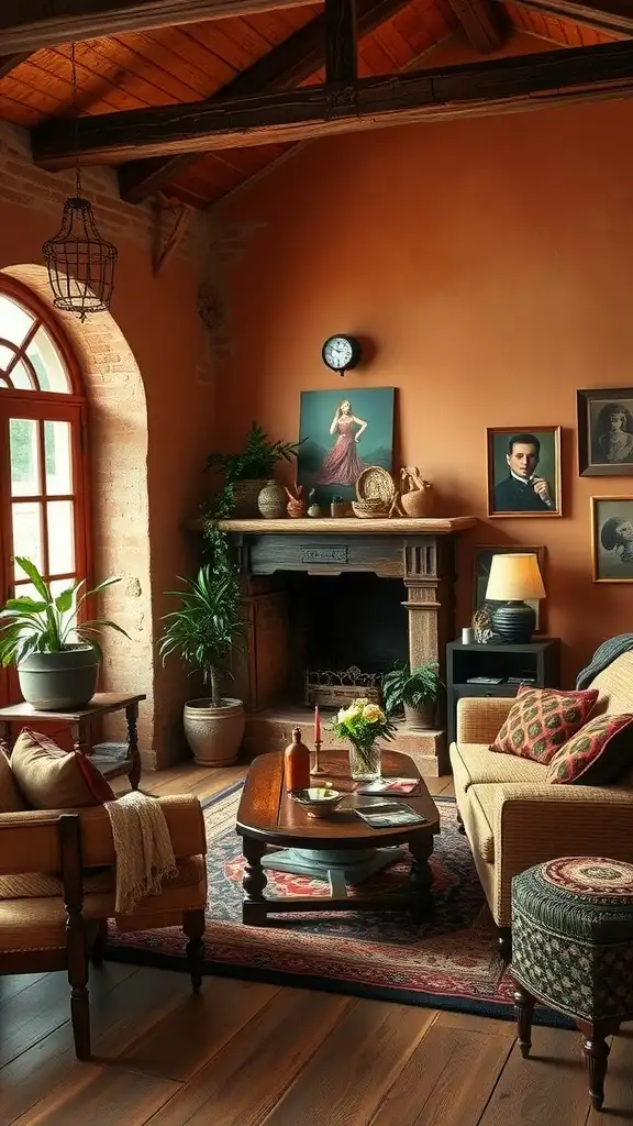 Cozy living room with rustic terracotta walls and warm decor