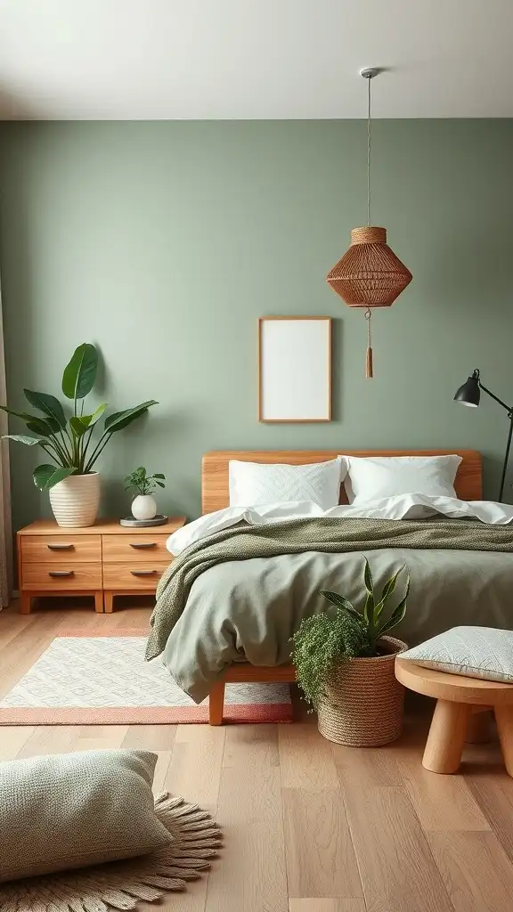 A cozy bedroom featuring sage green walls, wooden furniture, and decorative plants