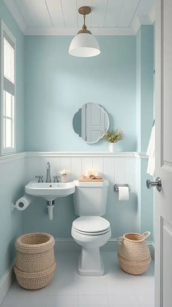 Small bathroom painted in serene light aqua with modern fixtures and decor.