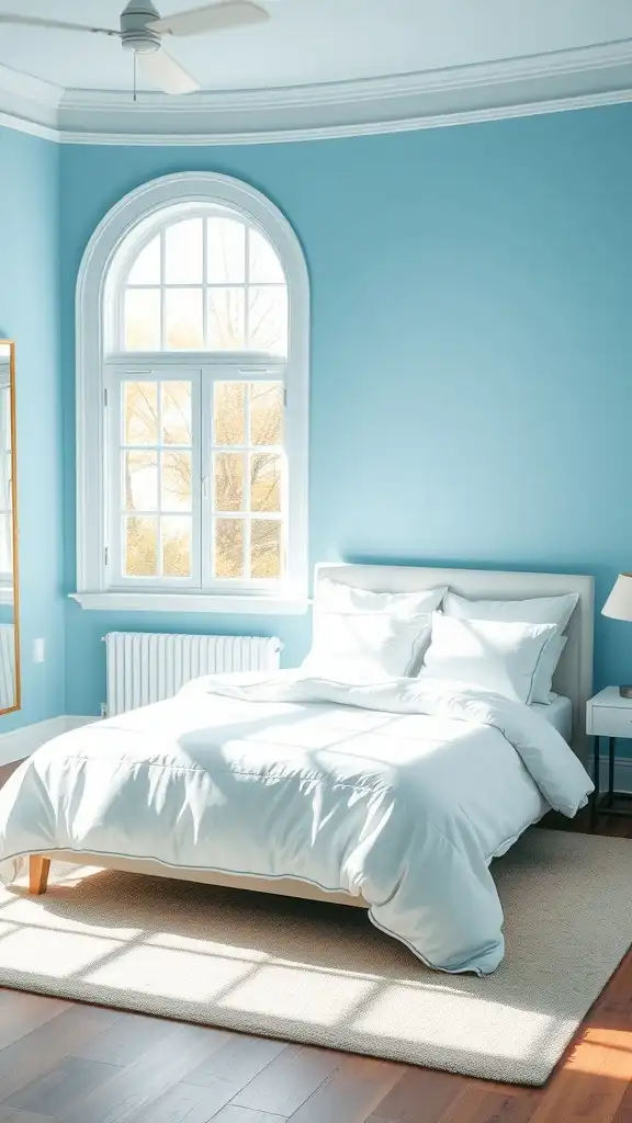 A serene master bedroom painted in sky blue, featuring a white bed and ample natural light.