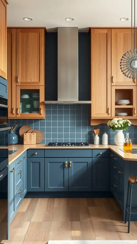 A kitchen featuring honey oak cabinets and slate blue accents.