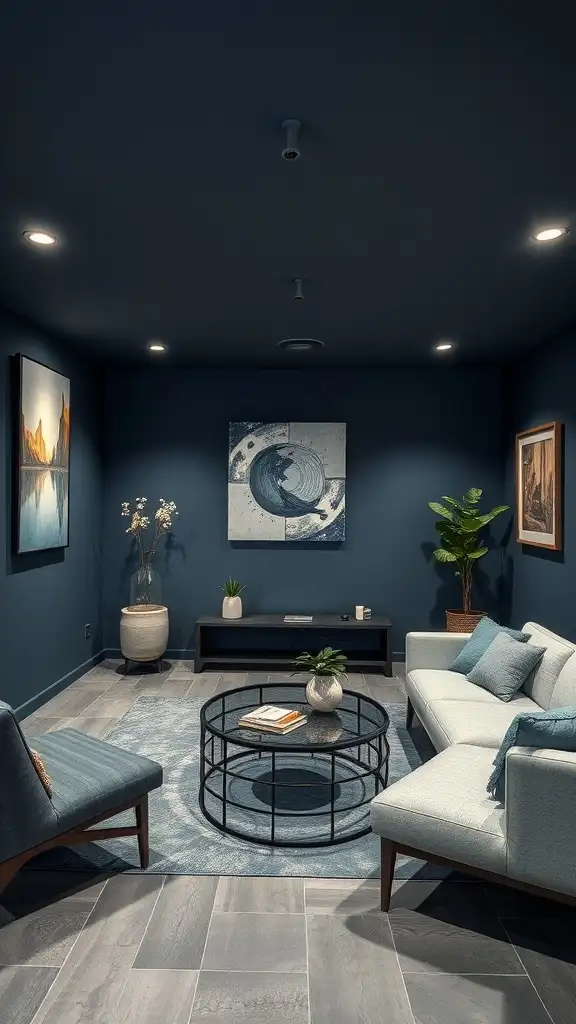 A contemporary basement with slate blue walls, featuring modern furniture and stylish decor.