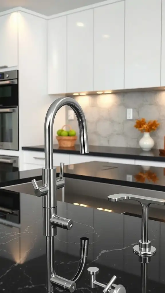 A modern kitchen with black granite countertops and sleek silver faucets.