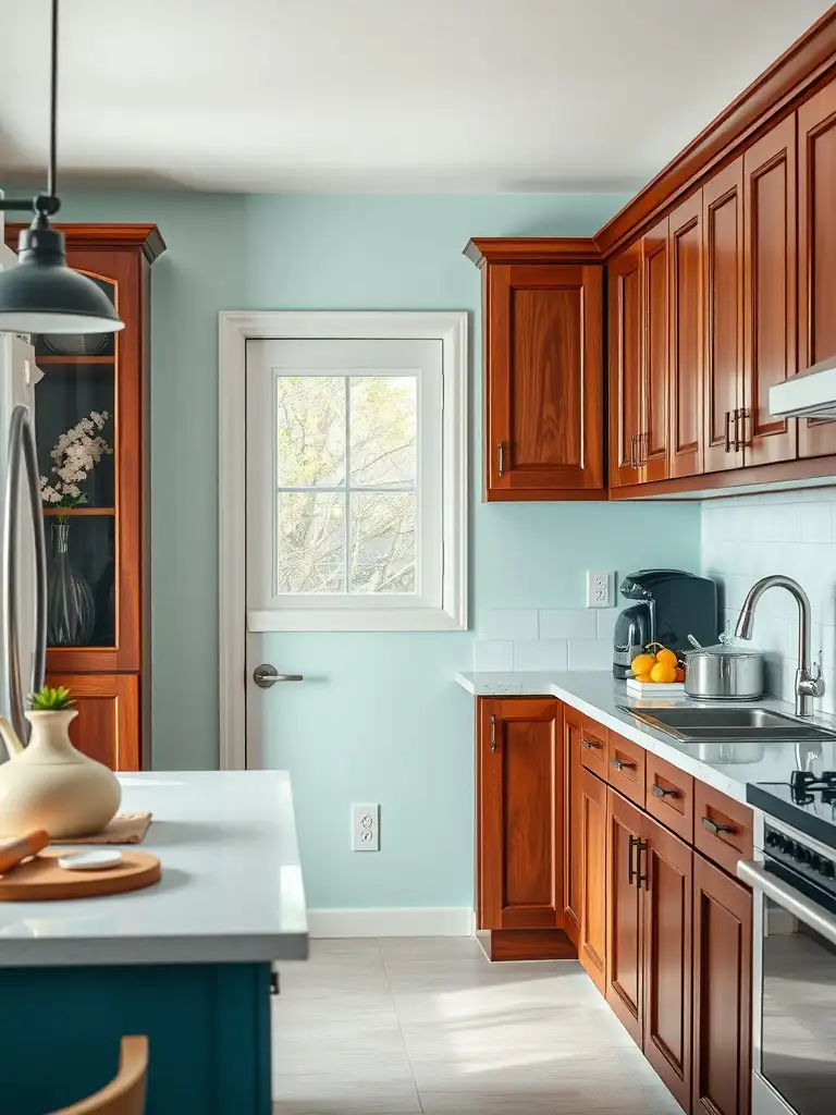 Kitchen with cherry cabinets and soft aqua walls, featuring bright natural light and modern appliances.