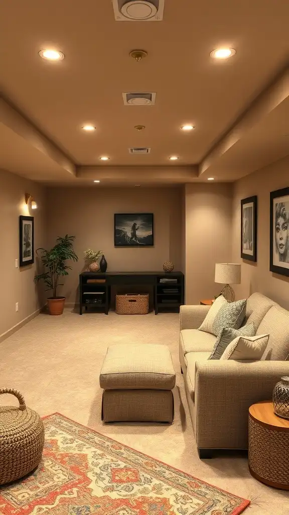 A cozy basement designed with soft beige walls, comfortable furniture, and warm lighting.