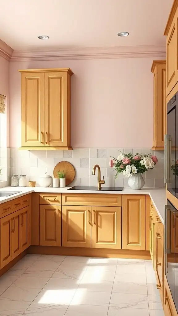 A kitchen featuring honey oak cabinets and soft blush pink walls with a floral arrangement.