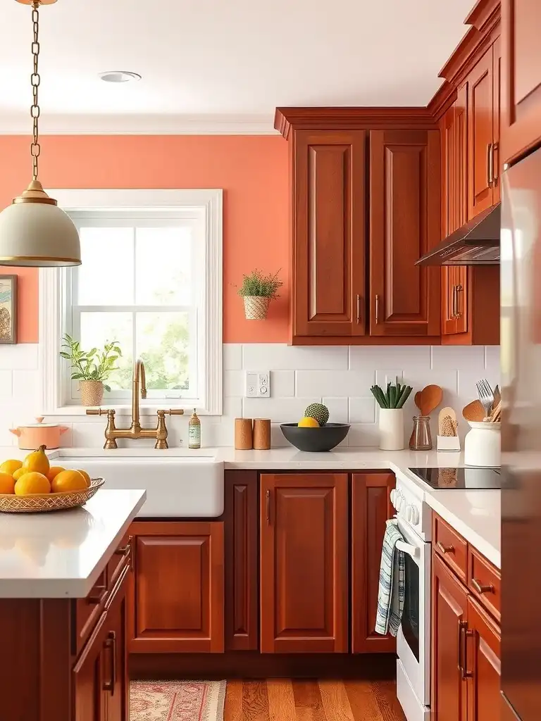 A kitchen featuring cherry cabinets with a soft coral accent wall, showcasing a bright and inviting atmosphere.