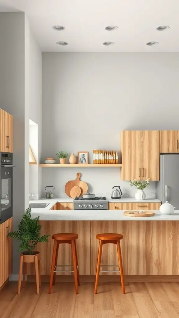 A modern kitchen featuring soft gray walls and warm wooden cabinets and stools.