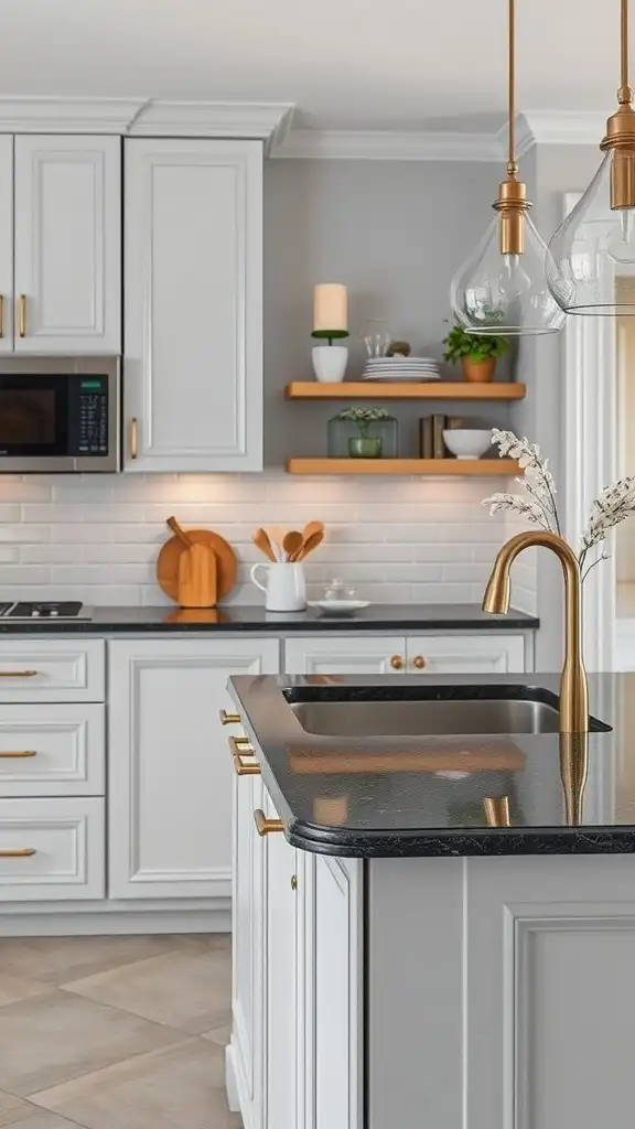 A kitchen showcasing black granite countertops with soft gray cabinetry and warm accents.