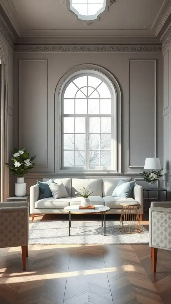 A beautifully designed living room featuring soft gray walls and cozy furnishings.