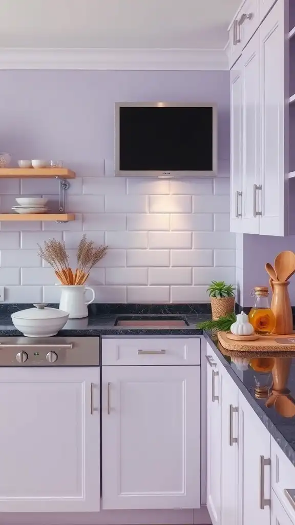 A kitchen with soft lavender walls, black granite countertops, and modern white cabinetry.