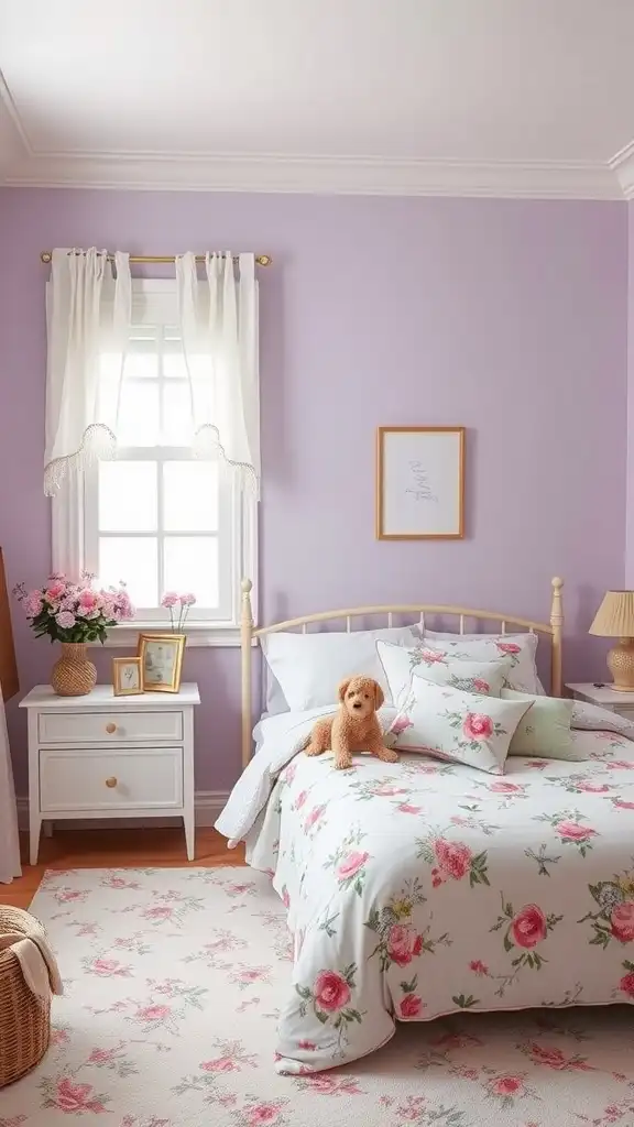 A cozy bedroom with soft lilac walls, floral bedding, and a warm, inviting atmosphere.