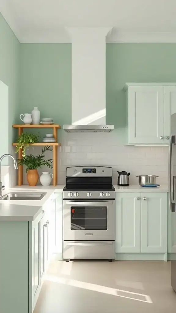 A kitchen featuring soft mint green walls and cabinetry.