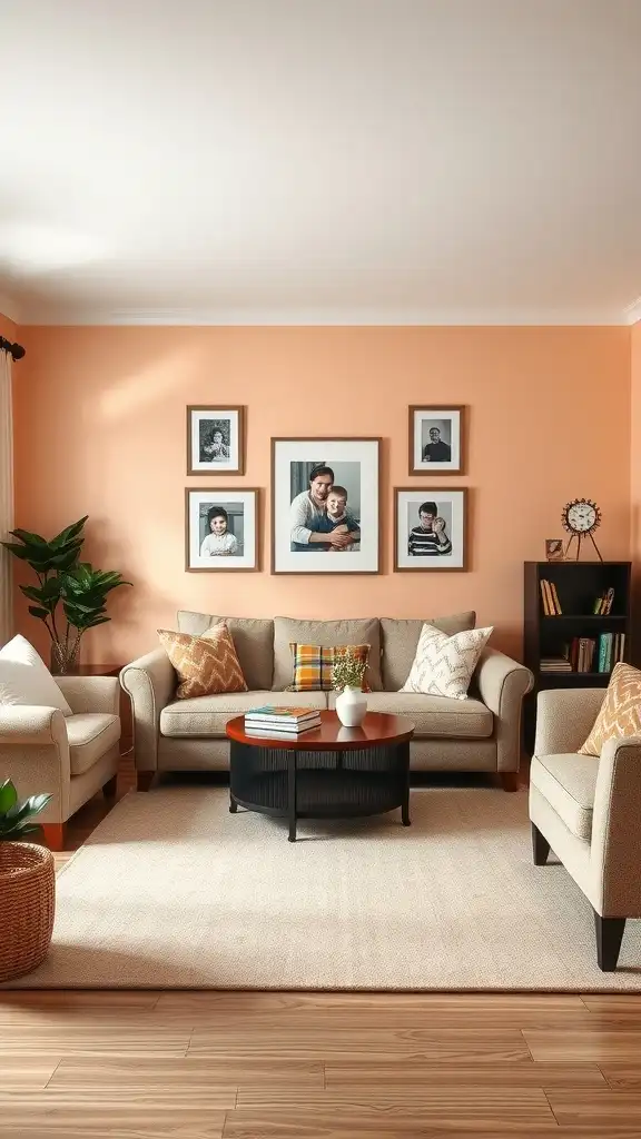 Living room with soft peach walls and comfortable furniture