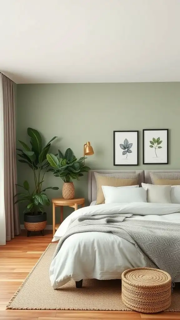 A master bedroom with soft sage green walls, featuring a cozy bed, wooden furniture, and plants.