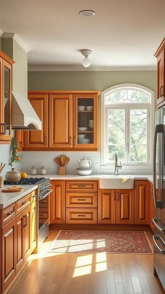 A kitchen featuring honey oak cabinets and soft sage green walls, with natural light streaming in.