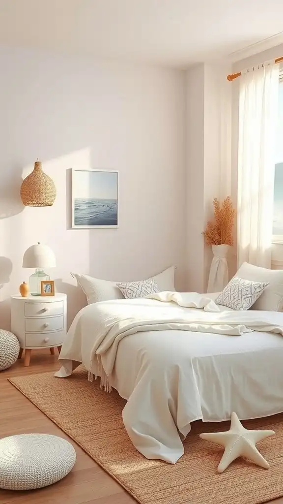 A cozy bedroom with soft sand tones, featuring a light bedspread, natural decor, and beach-inspired accents.