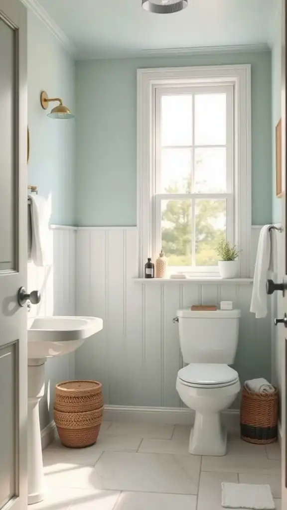 Small bathroom featuring soft seafoam green walls, white wainscoting, and natural light.