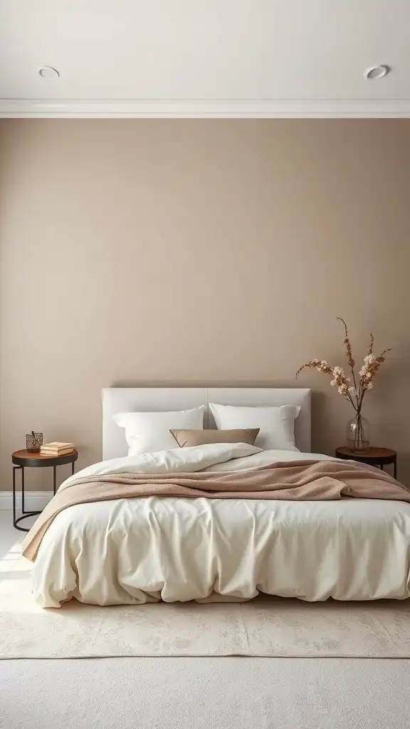 A bedroom with soft taupe walls, a white bedspread, and warm-toned accents.