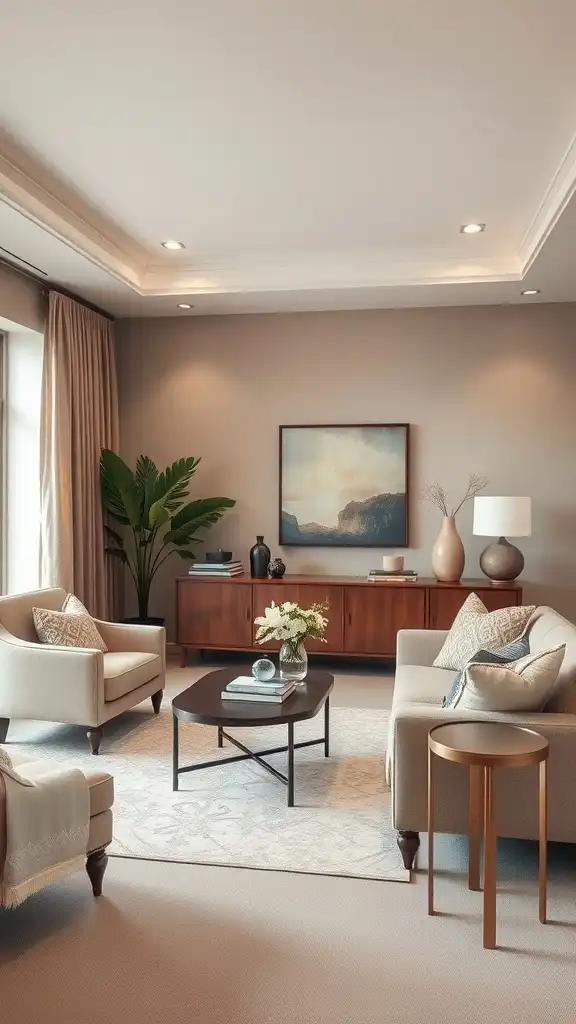 A cozy living room with soft taupe walls, elegant furniture, and natural lighting.