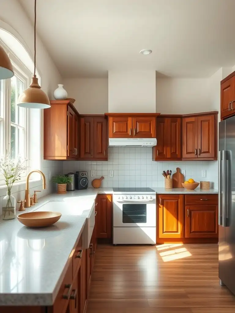 A bright kitchen with cherry cabinets and soft white accents