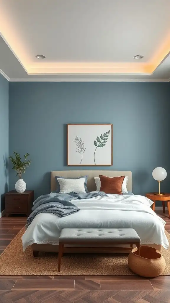 A master bedroom with soothing steel blue walls, a cozy bed, and decorative elements.