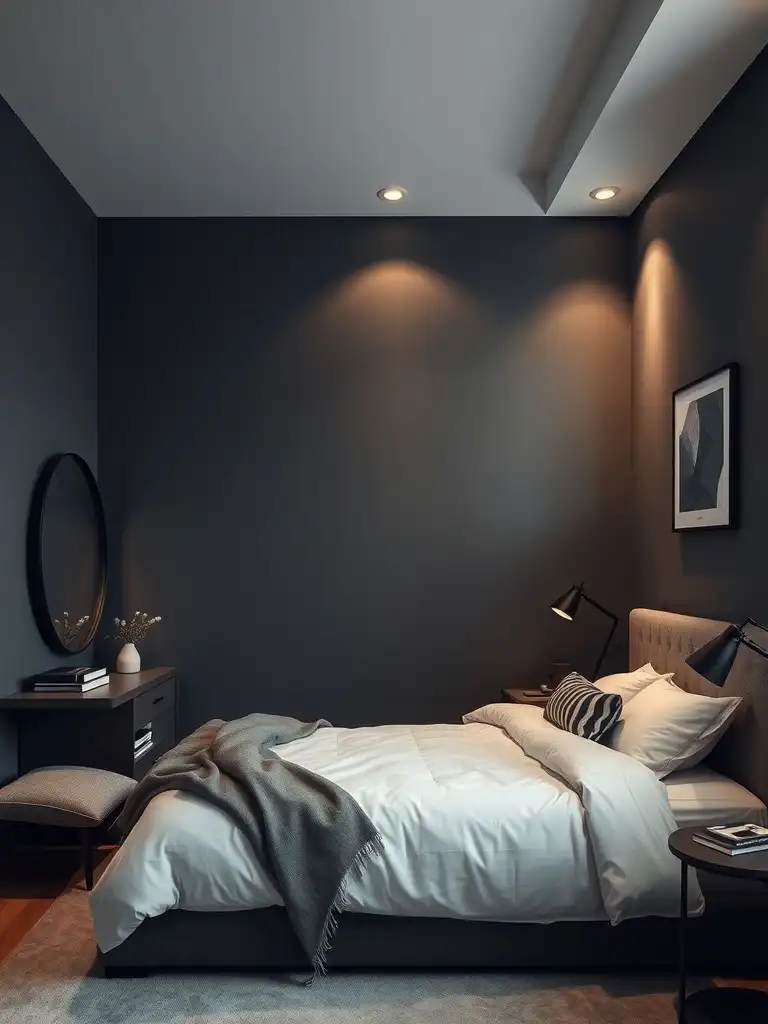 A stylish small bedroom with charcoal gray walls, cozy bedding, and modern lighting.