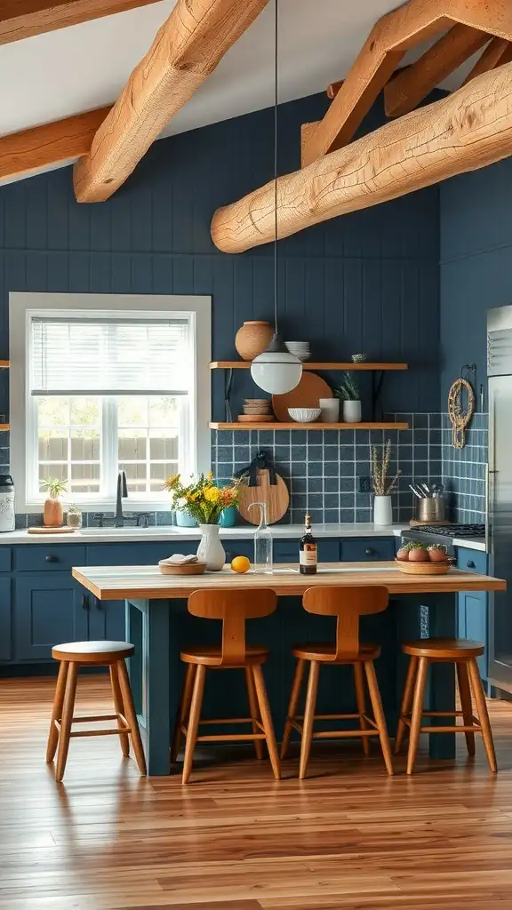 A kitchen featuring steel blue cabinets and rustic pine accents.