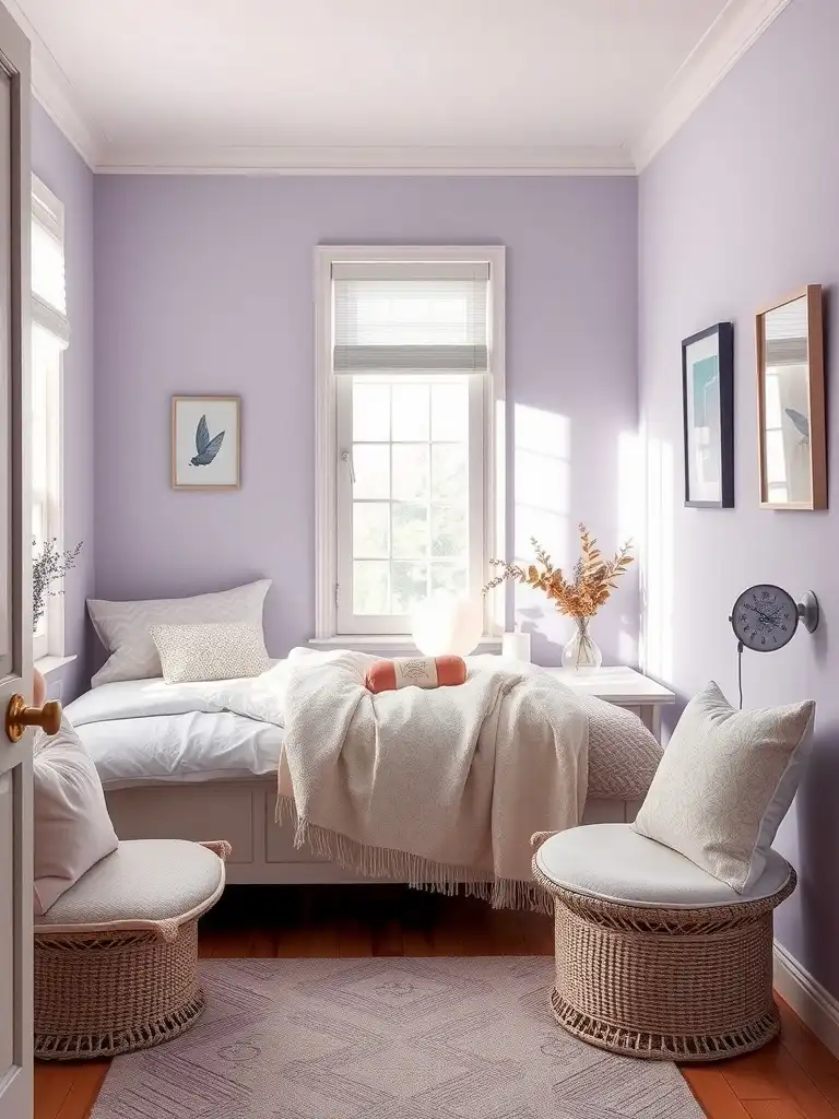 A small bedroom painted in subtle lavender with a cozy bed and decorative accents.