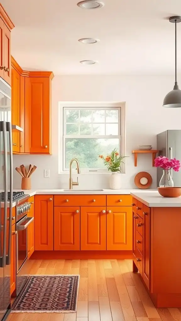 A bright kitchen featuring sunset orange cabinets and light oak flooring.