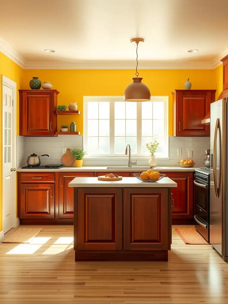 A bright kitchen with cherry cabinets and sunshine yellow walls, filled with natural light.