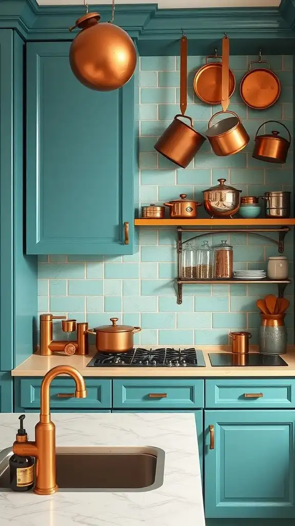 A kitchen featuring teal cabinets and copper accents.