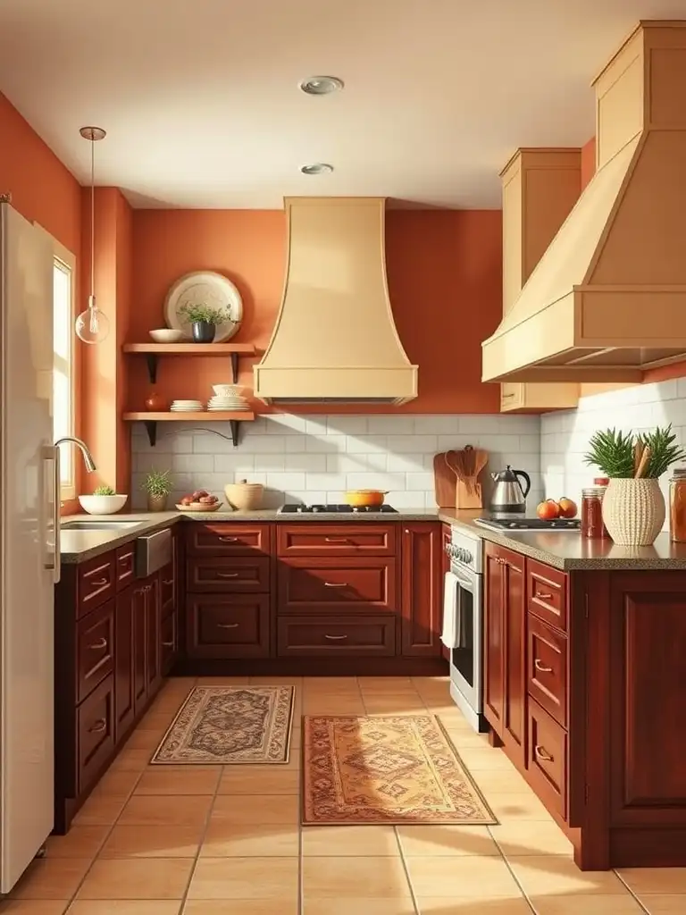 A kitchen featuring cherry cabinets and terracotta walls.