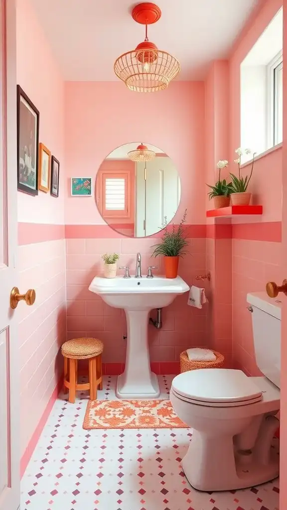 A small bathroom featuring vibrant coral walls, a round mirror, and a bright light fixture.