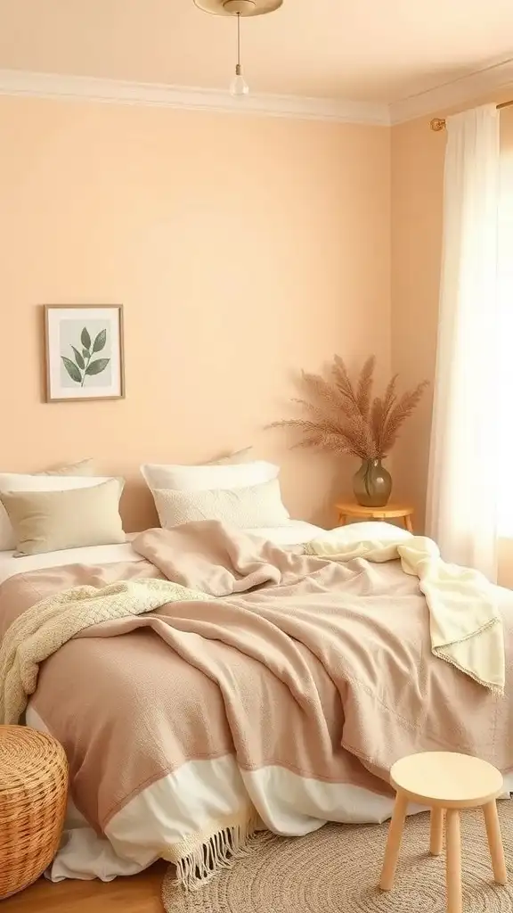 A cozy bedroom with warm almond walls, featuring a soft bed, natural decor, and a welcoming ambiance.