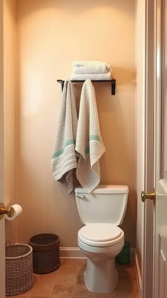 A small bathroom with warm beige walls, towels on a shelf, and decorative baskets.