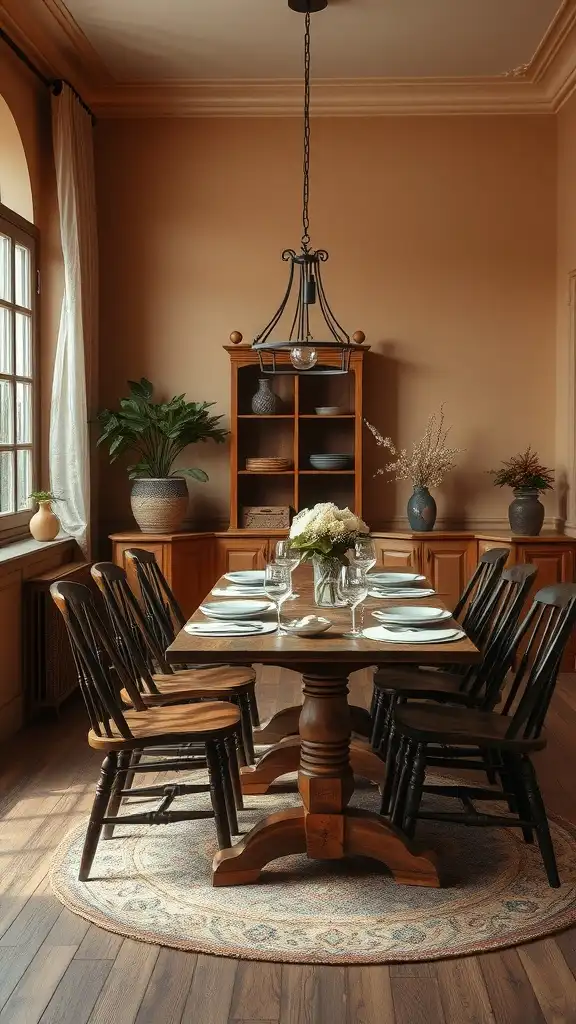 A cozy dining room with warm beige walls, a wooden table, black chairs, and decorative plants.