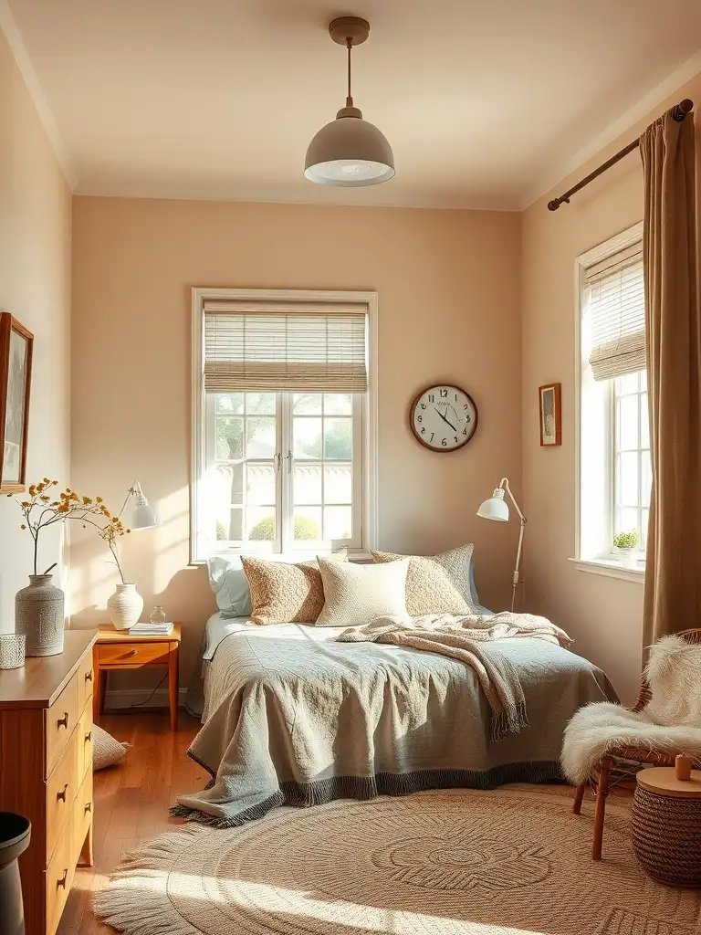 A small bedroom with warm creamy beige walls, featuring a bed, windows, and wooden furniture.