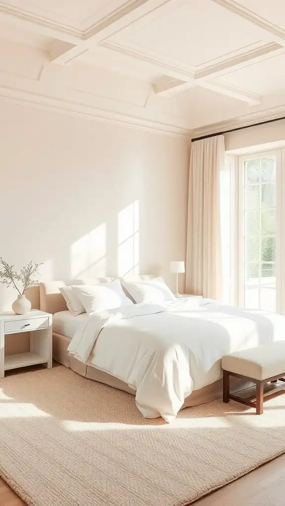 A cozy master bedroom featuring warm creamy white walls, a neatly made bed, and soft furnishings.