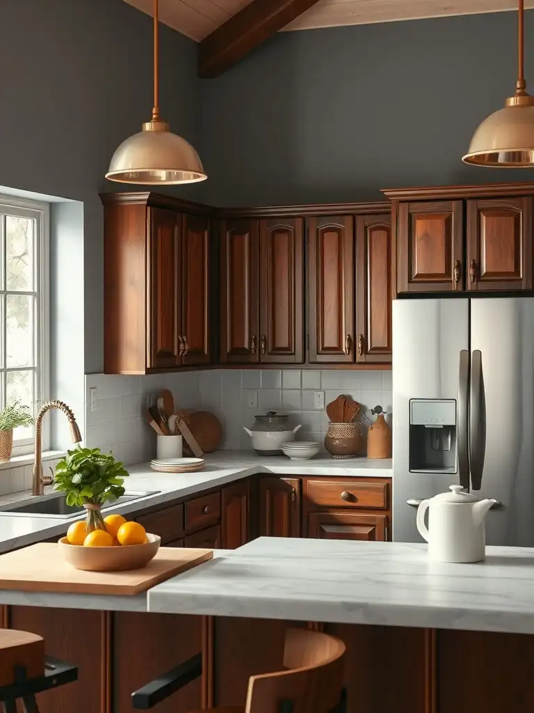 A kitchen featuring cherry cabinets and warm gray walls, with a cozy and inviting ambiance.