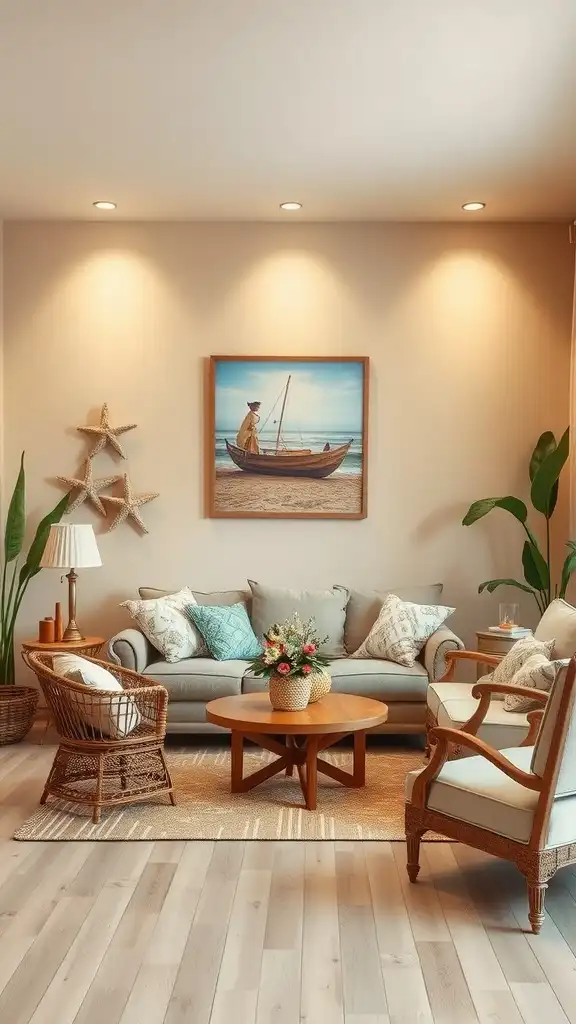 Cozy living room with warm sand walls, beach-themed decor, and natural light.