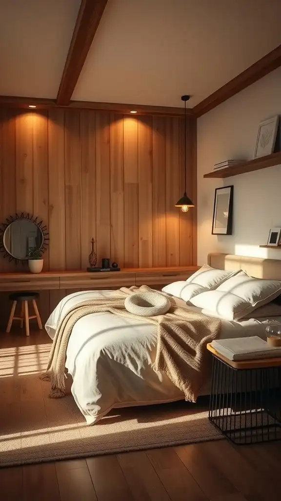 A cozy master bedroom with warm taupe accents, featuring a wooden wall and soft bedding.