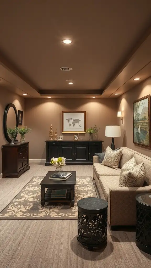 A cozy basement living room painted in warm taupe with stylish furniture and decor.